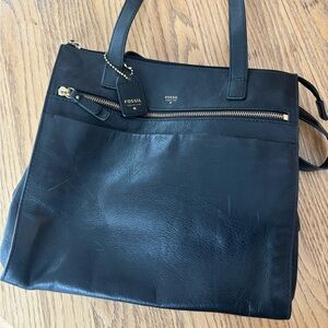 Fossil Black Leather Tote with Gold Hardware